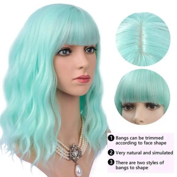 Mint Green Short Hair Wig with Bang - Picture 2 of 4